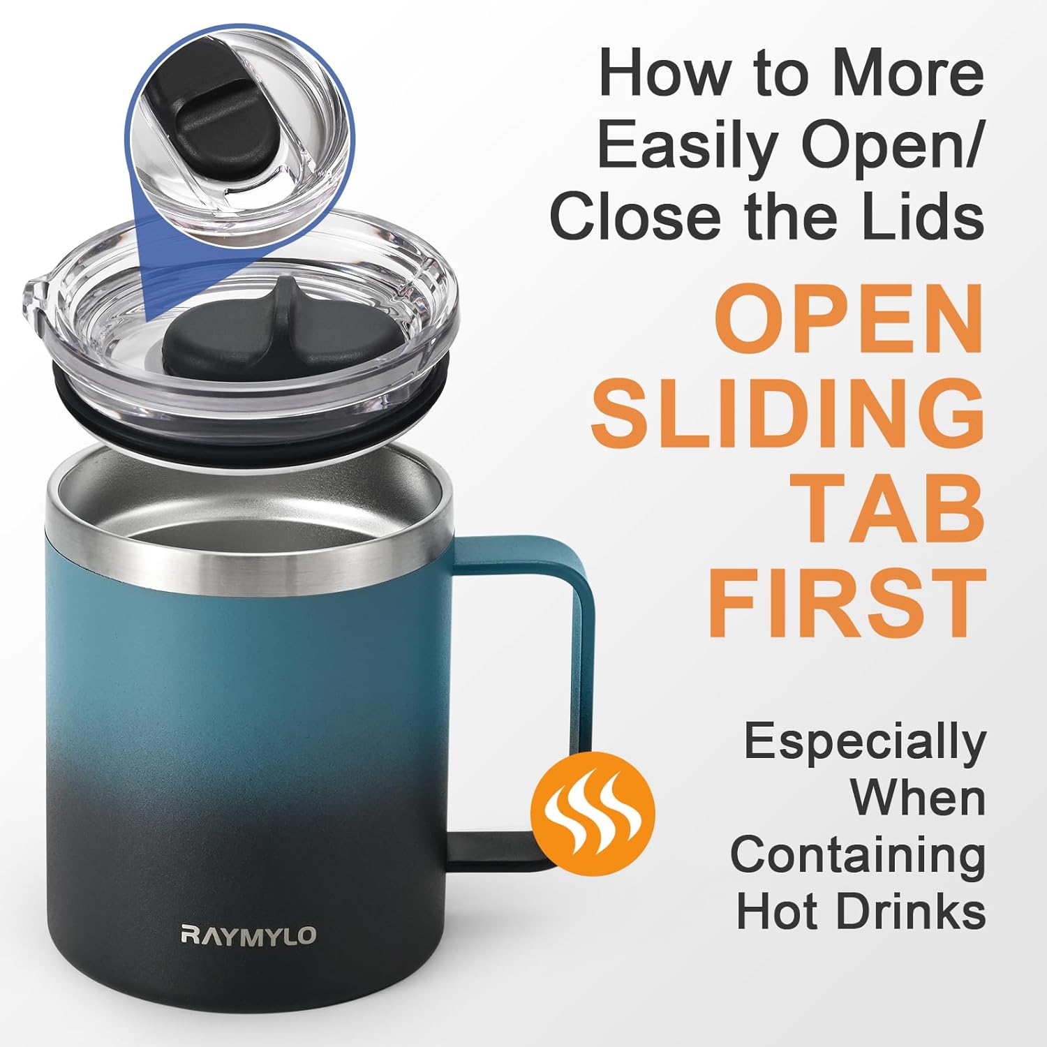 Insulated Coffee Mug 12 oz, Double Wall Stainless Steel Coffee Mug with Lids, Leak-Proof & Detachable Slider Lid for Thorough Clean, Keeps Coffee Cold for 9 Hrs, Suitable for Camp Home Office