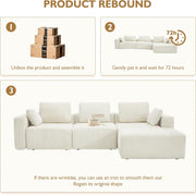 112" Modular Sectional Sofa L-Shaped Couch for Living Room, Comfy Cloud Sofa Modern 3-Seat Sofa with Ottoman, Corduroy Upholstered Boneless Couch with Deep Seat, 5 Pillows, Beige