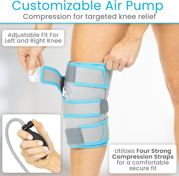 Vive Compression Knee Ice Wrap - Reusable Brace with Air Pump - Hot/Cold Therapy for Men, Women, Pain Relief, Swelling and Recovery Support - Adjustable and Inflatable Pack for Sports Injury Sprains