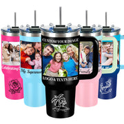 Personalized Coffee Tumbler with Pictures Text Logo Name, Custom Stainless Steel Tumbler with Lid and Straw, Coffee Travel Mug Cups, 20oz Personalized Birthday Gifts for Women Men Office