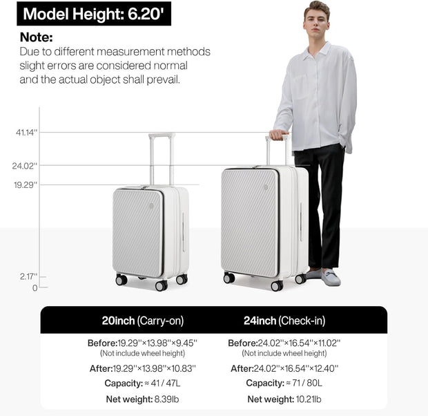 mixi 24 Inch Large Expandable Checked Luggage PC Hard Shell Suitcase Top Opening Rolling Travel Suitcases with Spinner Wheels & TSA Lock, Smoke White