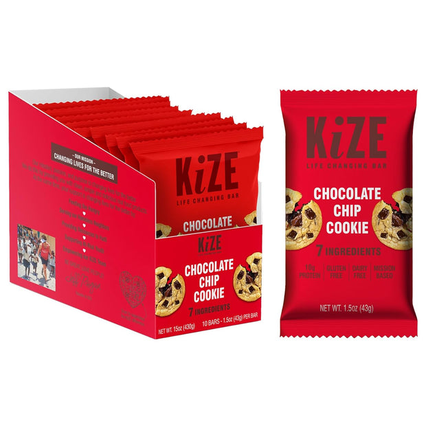 KiZE Energy Bars - Chocolate Chip Cookie - Almond-Butter-Based, Gluten Free, Dairy Free, Non-GMO, and High Protein Meal Replacement Energy Bars, Clean and Simple Food Ingredients - 10g High Protein Snacks, (10 Count)