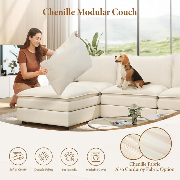 Vesgantti 108" Modular Sectional Sofa, Comfy Cloud Couch with Movable Ottoman Deep Seat Chenille L Shaped Modular Sofa, Sectional Couches for Living Room, Bedroom and Apartment, Beige