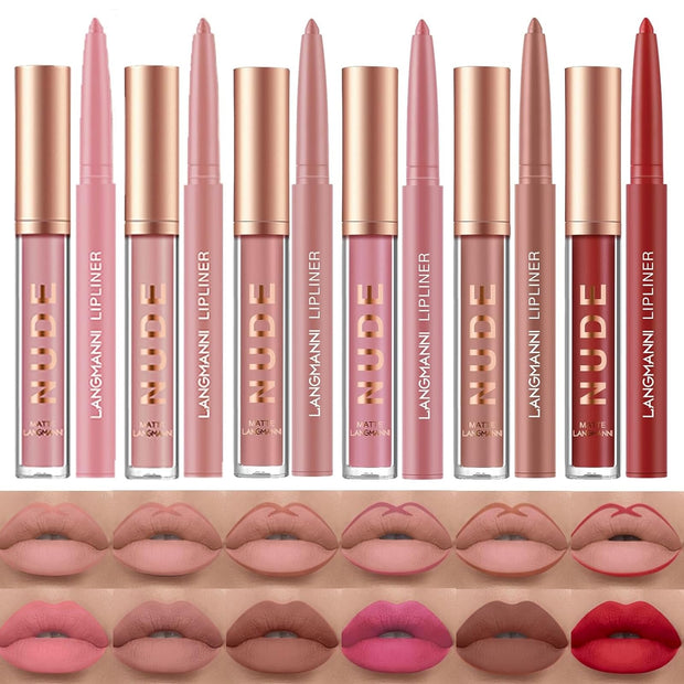 LANGMANNI 6 Matte Lipstick with 6 Lipliners Durable Makeup Set,Long-Lasting Non-Stick Cup Not Fade Waterproof Pigmented Velvet Lipgloss Kit Beauty Cosmetics Makeup Gift for Girls (#A)