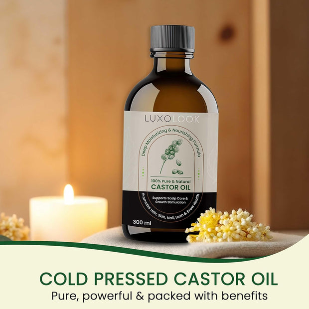 Pure Castor Oil - Cold Pressed 100% Castor Oil for Hair Growth, Skin, Eyebrows, Eye Lashes, Nails & Cuticles - Hexane Free, Natural & Unrefined - Includes Dual Mascara, Dropper & Scalp Massager
