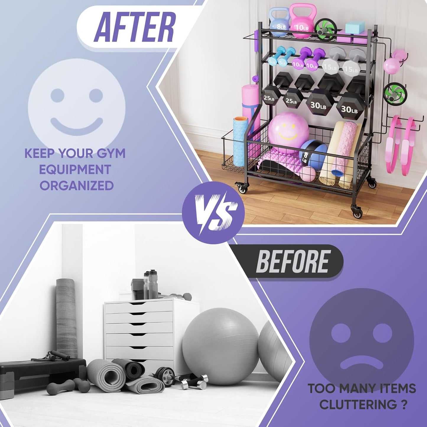 WUC Dumbbell Rack, Adjustable Weight Rack for Home Gym Storage for Dumbbells Kettlebells Yoga Mat & Balls, All in One Workout Equipment Storage Rack with Wheels, Powder Coated Steel, Black