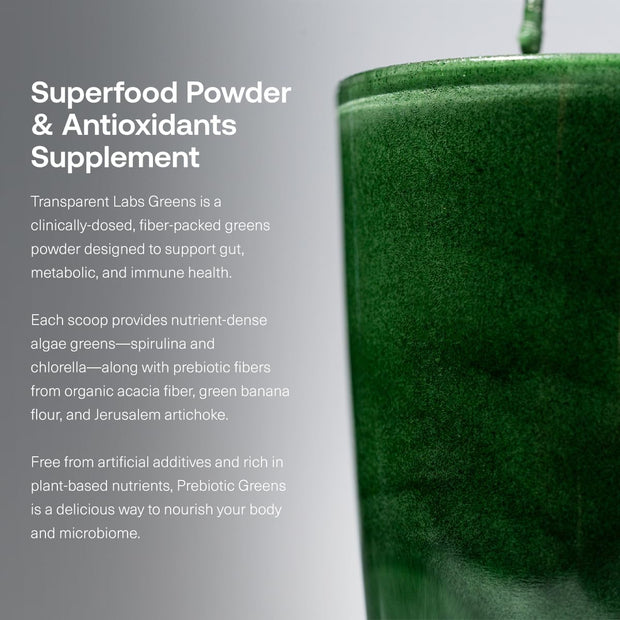 Transparent Labs Prebiotic Greens - Superfood Powder & Antioxidants Supplement with Organic Spirulina, Chloerra, Acacia, & Green Banana Powder - 30 Servings, Peach Mango