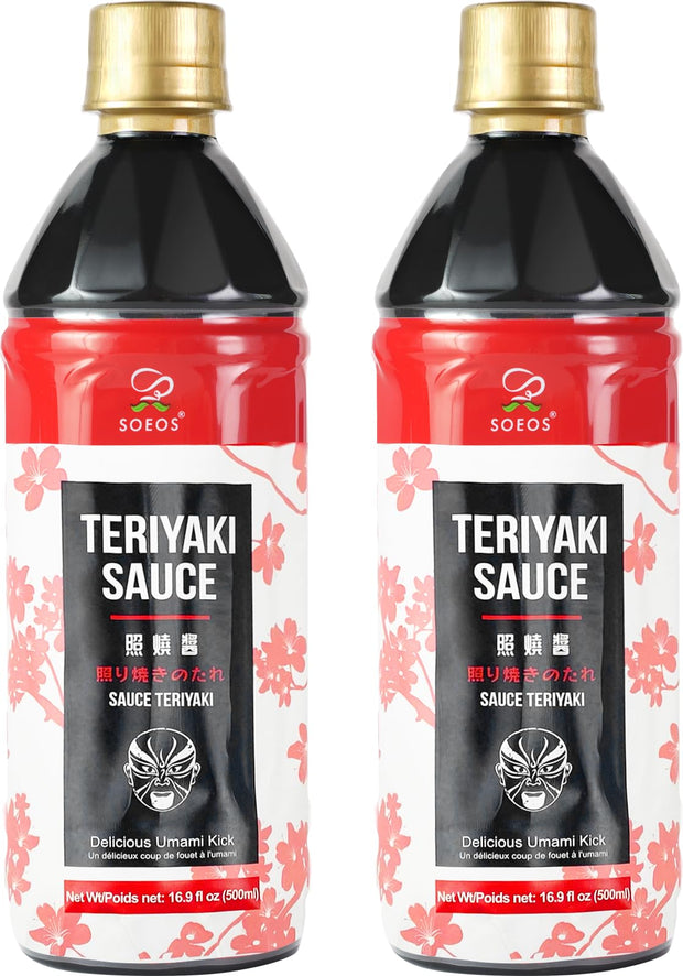 Soeos Teriyaki Marinade and Sauce, 16.9 Fl Oz (500 ml), Sweet and Savory Flavor, Perfect for Stir-Fry, Barbecue, Marinating, Versatile Sauce for Meat, Salmon, Noodle and Vegetable, Easy to Pour Out