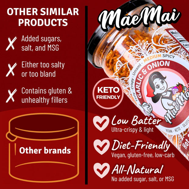 MaeMai Chili Crisp (MEDIUM HOT Spice) - Non-Oily Chili Crisp Topper, Rice Seasoning, Ramen Topper, Furikake, Umami Onion & Garlic Flakes | 4.41oz (125g) Resealable Bottle