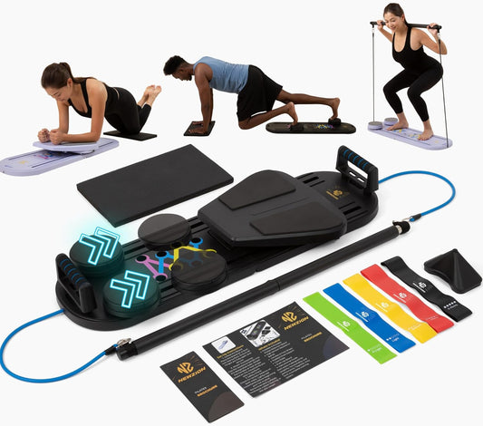 7-in-1 Pilates Reformer Board, Portable Pilates Board Foldable Pilates Reformer Equipment with Timer for Home Workouts with Resistance Bands Core Glider Push-Up Handles Balance Trainer Pilates Machine