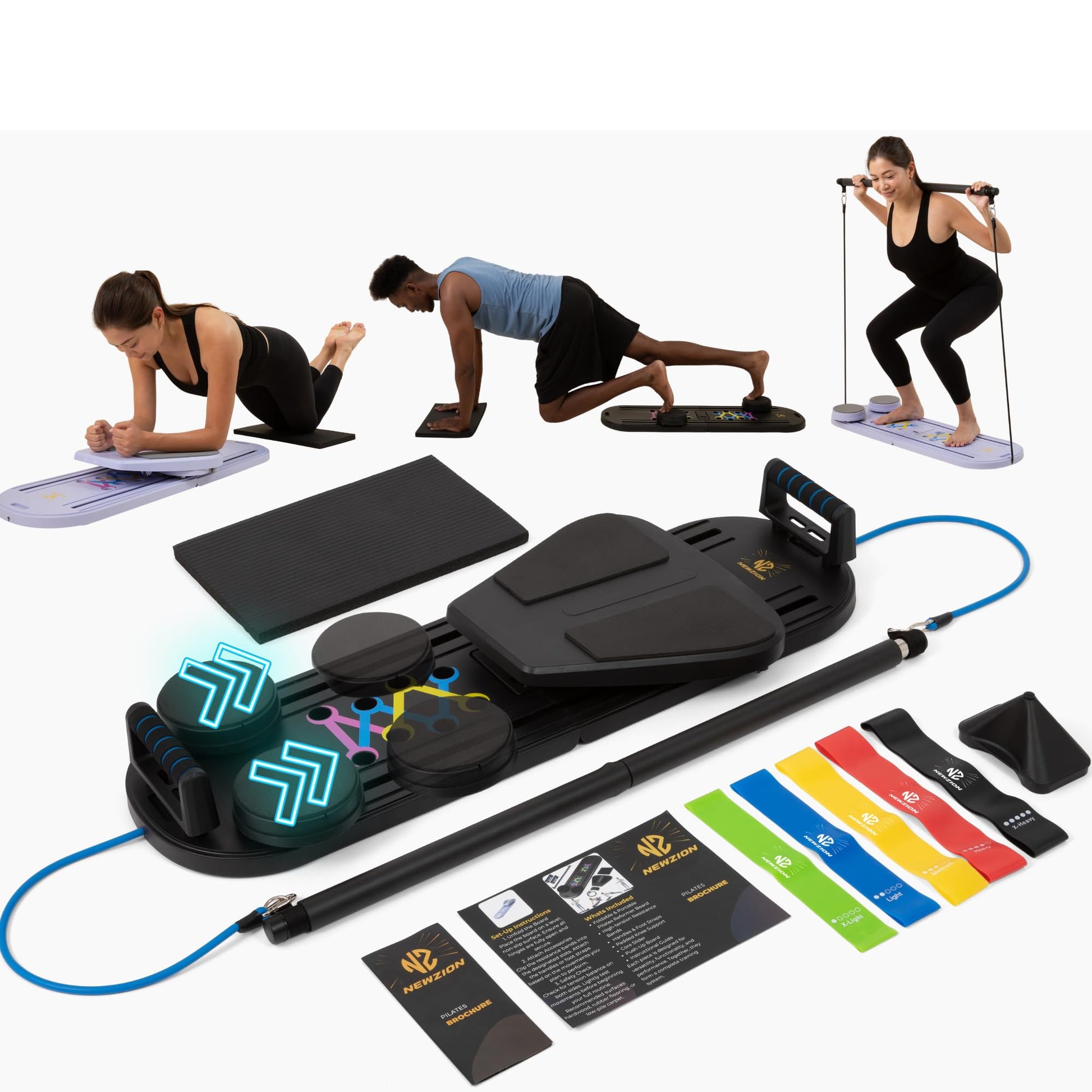 7-in-1 Pilates Reformer Board, Portable Pilates Board Foldable Pilates Reformer Equipment with Timer for Home Workouts with Resistance Bands Core Glider Push-Up Handles Balance Trainer Pilates Machine