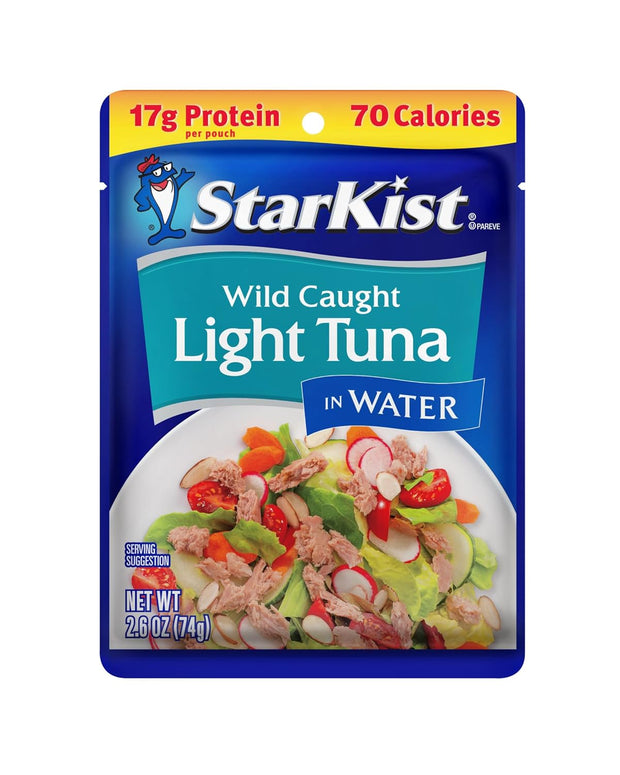 StarKist Chunk Light Tuna in Water, 2.6 oz Pouch (10 Pack) Ready to Eat Wild Caught Tuna, 17g Protein, 70 Calories Per Serving, Gluten Free, Soy Free, Kosher, Perfect for Salads, Keto Meals and Snacks