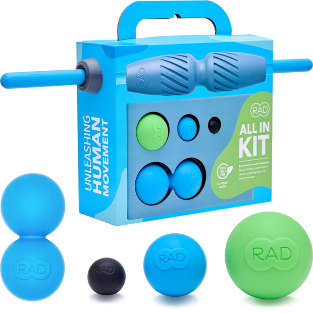RAD All-in Kit – Foam Roller Set for Whole Body Massage & Myofascial Release – 7-in-1 Kit with Roller Stick, Yoga Block, Massage Balls – Muscle Recovery Tools for Mobility & Flexibility