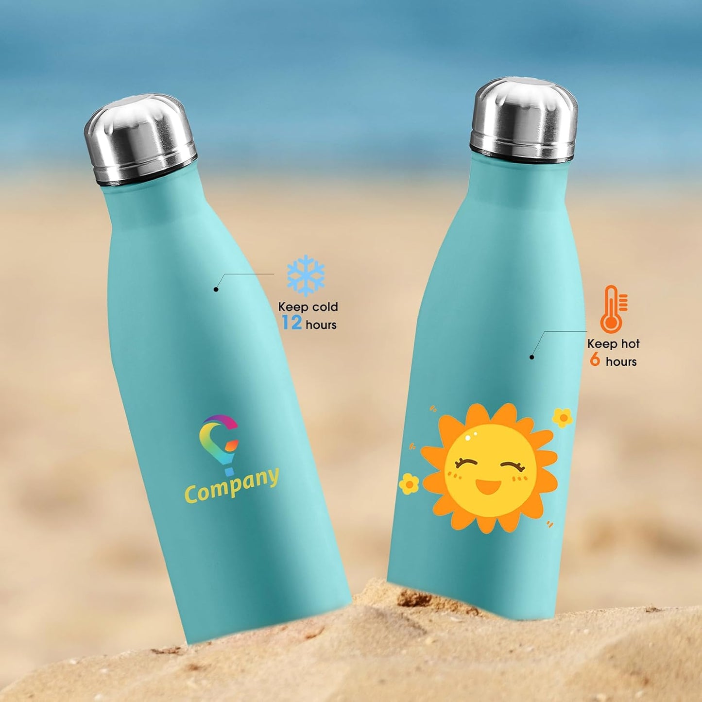 Personalized Custom Water Bottles 17oz Stainless Steel Double Wall Insulated Leakproof Cups for Sports Outdoors With Colorful Text Logo Print in USA