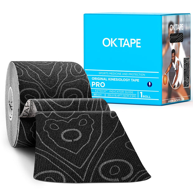 OK TAPE PRO Kinesiology Tape Uncut Roll, Elastic Physical Therapy Athletic Tape for Pain Relief, Muscle Support, Kinetic Tape, Water Resistant, 2in X 16.4ft -Black Gray