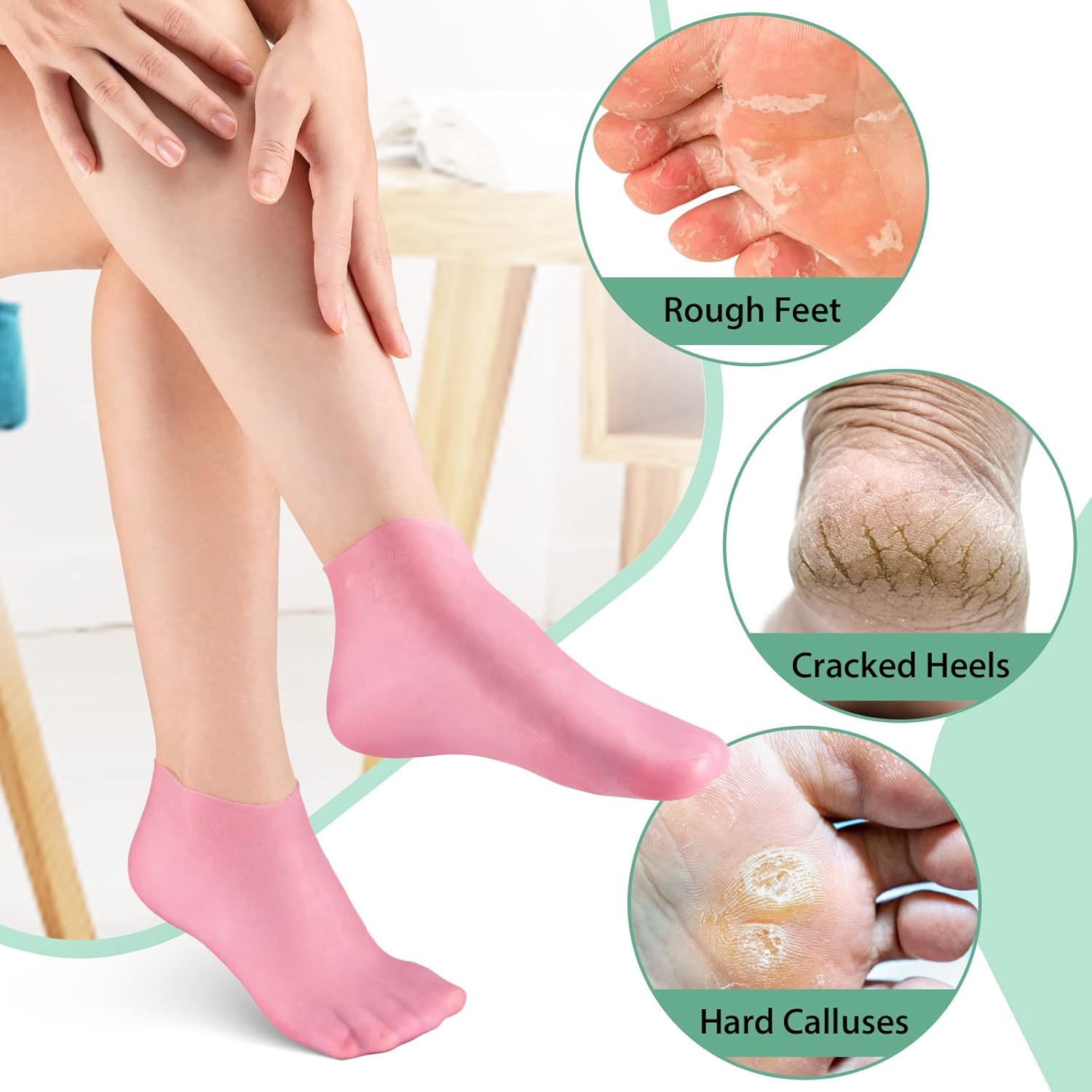 Noverlife 2 Pairs Silicone Moisturizing Socks Softening Dry Cracked Feet Rough Skins & Anti Slip Aloe Socks for Dry Cracked Feet Women, Calluses, Spa Gel Socks Foot Care After Pedicure - Pink & White