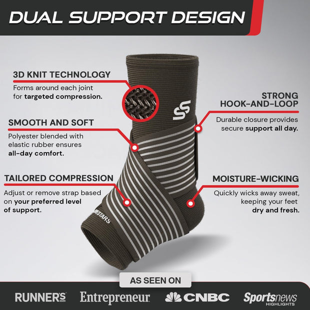 Sleeve Stars Ankle Brace for Women & Men, Ankle Wrap for Sprain, Compression Sleeve for Plantar Fasciitis Relief, Easy Customizable Support: w/ Removable Strap (Single/M:10"-12"/Black)