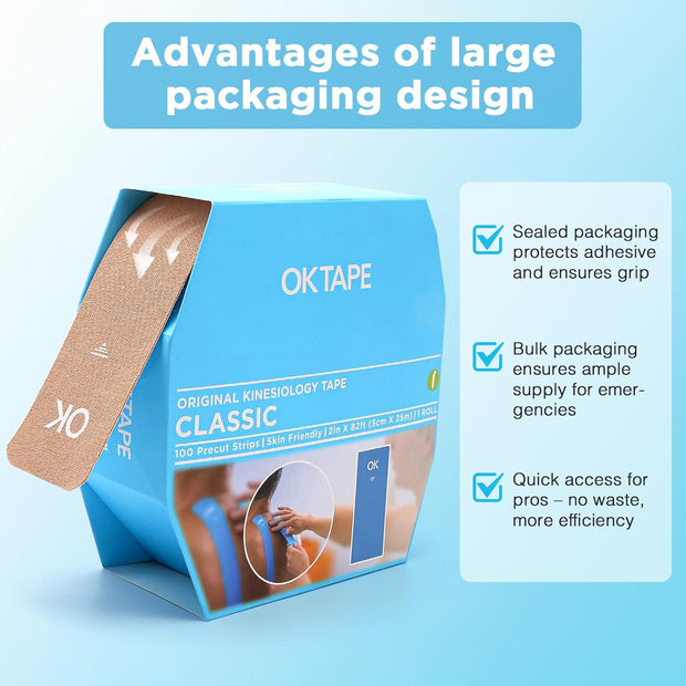 OK TAPE Kinesiology Tape Pre Cut Strips Bulk (150 PCS),Elastic Cotton Latex Free Hypoallergenic Athletic Tape Roll for Muscle Joint Knee,Waterproof k Tape 2in×10in/PCS