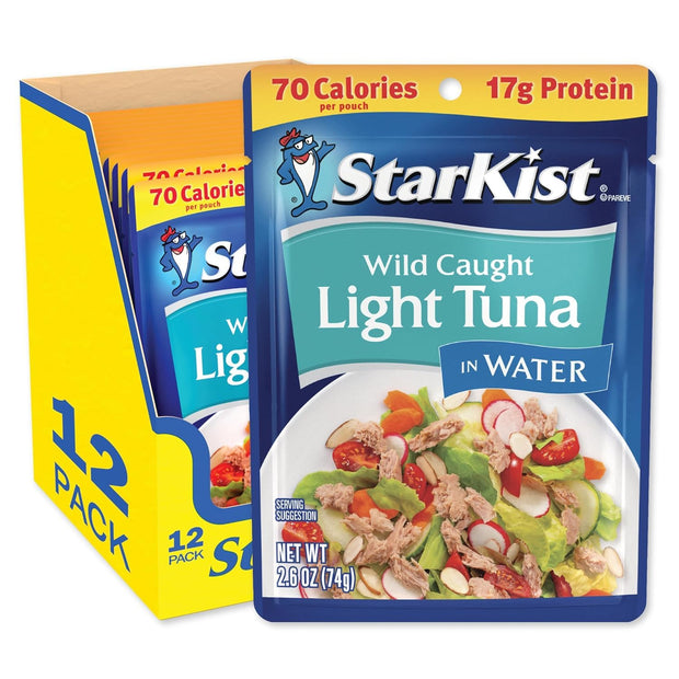 StarKist Chunk Light Tuna in Water, 2.6 oz Pouch (10 Pack) Ready to Eat Wild Caught Tuna, 17g Protein, 70 Calories Per Serving, Gluten Free, Soy Free, Kosher, Perfect for Salads, Keto Meals and Snacks