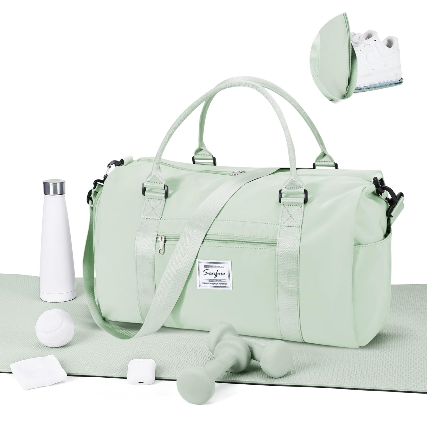 Gym Bags for Women Men with Shoes Compartment,Sports Duffle Bags Personal item travel Duffel Tote Bag Small Carry on Weekender Overnight Bag Workout Dance Bags Hospital Holdalls Grey Green