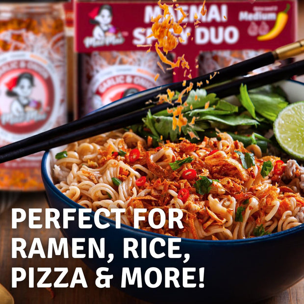 MaeMai Chili Crisp (MEDIUM HOT Spice) - Non-Oily Chili Crisp Topper, Rice Seasoning, Ramen Topper, Furikake, Umami Onion & Garlic Flakes | 4.41oz (125g) Resealable Bottle