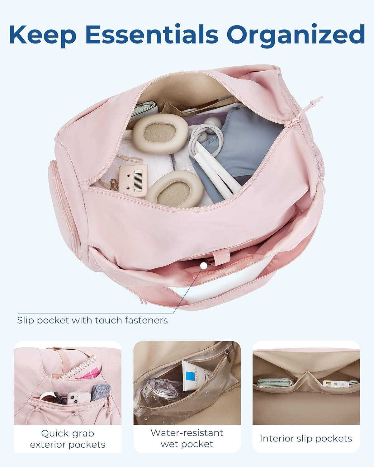 BAGSMART Gym Bag for Women, Lightweight Duffel with Shoe Compartment, Weekender with Wet Pocket, Workout Yoga Tote, Pin