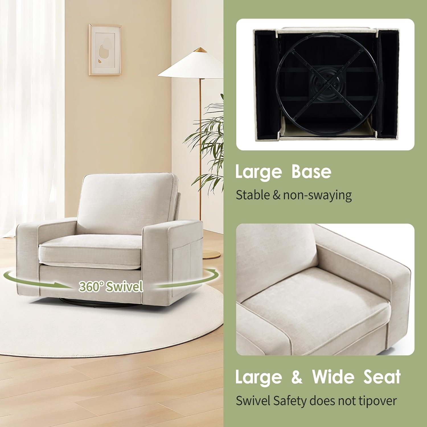 BEDHOURS Swivel Accent Chair for Living Room and Bedroom Single Sofa Chair Soft&Breathable Chenille Fabric Padding with Extra Wide Armrest Washable Detachable Cover(Chenille, Begie)