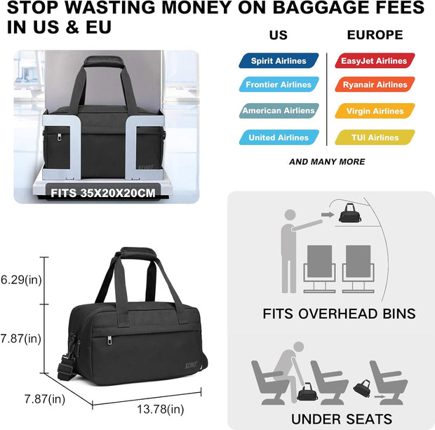 Kono Travel Duffel 13.78"x7.87"x7.87" Under Seat Carry-On 14L Sports Tote Gym Weekender Overnight Bag Extra Small, Black