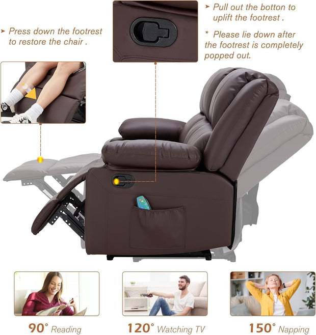 YODOLLA 3 PCS Recliner Sofa Set for Living Room Furniture Set，Overstuffed Leather Reclining Sofa with Massage&Heat Function, Manual Control Couch Set，Theater Lounge Seat with Side Pockets, Brown