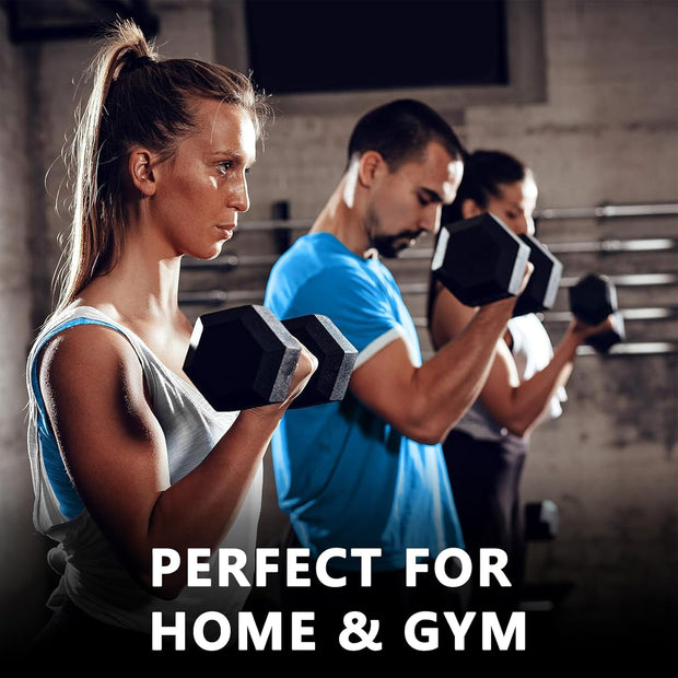 YUFER Rubber Hex Dumbbell Set with Rack - 6 Pair 5-50 lbs Hand Free Weight for Strength Encased 350/450/550lbs Weights with Vertical Storage Rack Fitness Home Gym Equipment