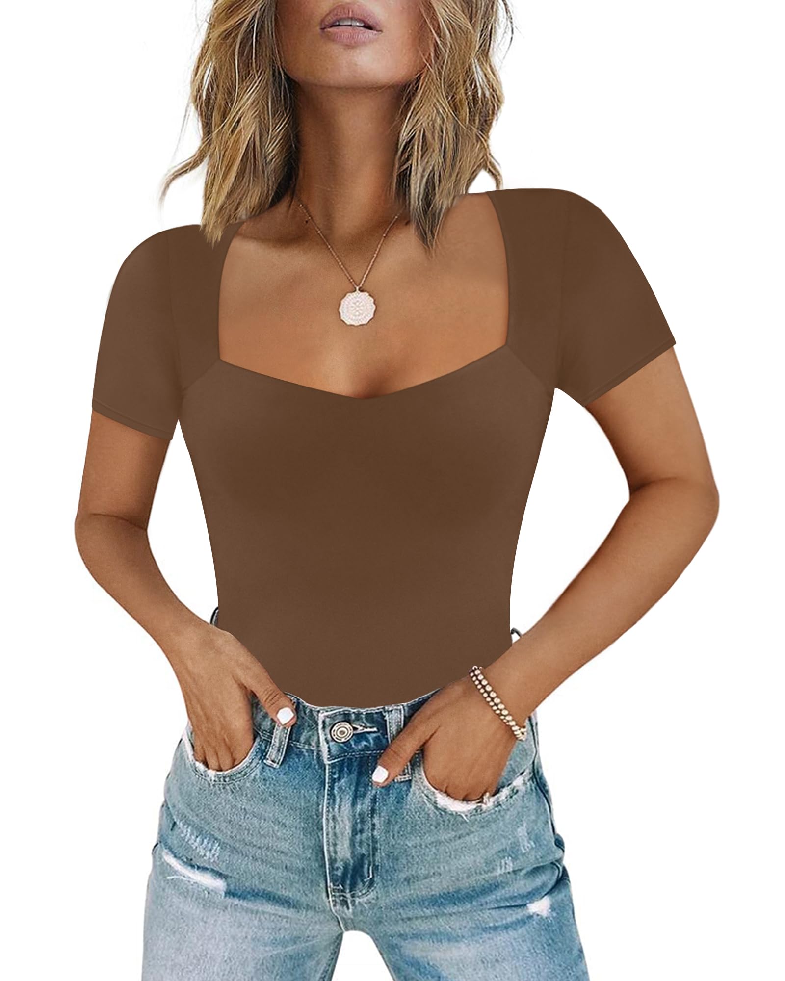 Chunpin Women's Sexy Square Neck Long Sleeve Bodysuit Double Lined Tops Thong Bodysuit