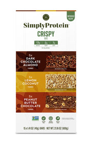Simply Protein - Crispy Vegan Protein Bars Variety Pack, 3 Flavors - Plant Based, Protein Snacks - 13g Protein, 2g Sugar, 7g Fiber - Gluten Free, Non GMO, Kosher - 12 Bars