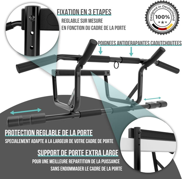 PULLUP & DIP Pull-up bar for door frames for hanging without screws and no slipping, professional door bar, pull-up bar with padded handles