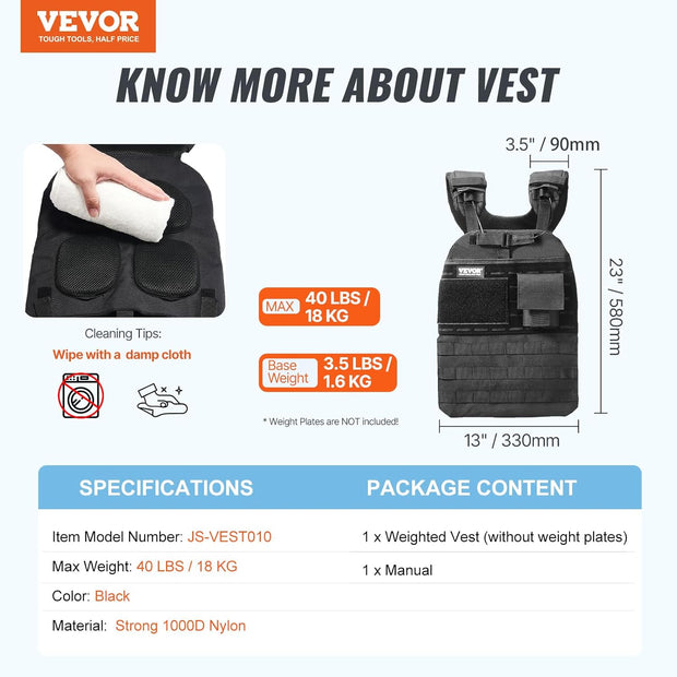 VEVOR Adjustable Weighted Vest, 11-20lb/20-32lbs/35lbs/40lbs Weight Vest with 6 Ironsand Weights and Reflective Stripe, Workout Equipment for Strength Training Running Jogging