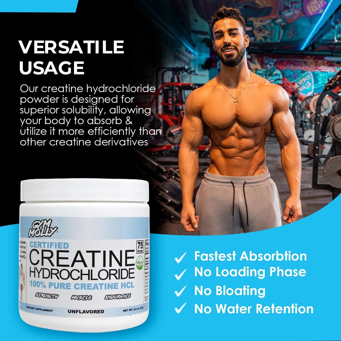 Gym Molly Creatine Hydrochloride Powder, Highly Soluble Creatine Hydrochloride, Unflavoured, Vegan, Workout Supplement for Men and Women, Muscle Builder Creatine Supplement (75 Servings, 750mg)