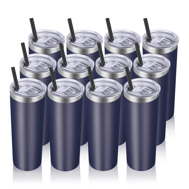 VEGOND Stainless Steel Tumblers Bulk 12 Pack, 20 oz Vacuum Insulated Skinny Tumblers with Lids and Straws, Double Wall Coffee Mug, Travel Water Cup, White