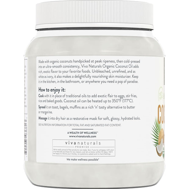 Viva Naturals Organic Coconut Oil - Unrefined, Cold-Pressed Extra Virgin Coconut Oil, USDA Organic and Non-GMO Cooking Oil, Great as Hair Oil and Skin Oil, 54 fl oz