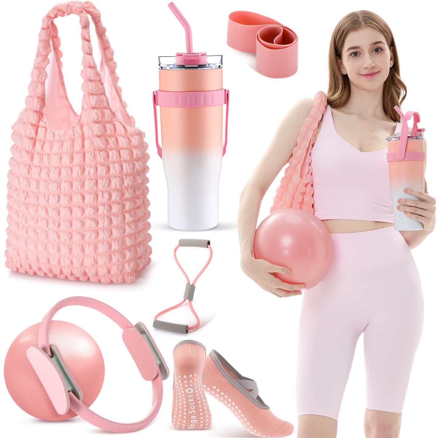 Poen 7 Pcs Pilates Essentials Kit for Women Home Workout Pilates Equipment Ring and Ball Set with 11.81 Inch Circle 9.84 Inch Yoga Ball Resistance Bands Cup Bag Socks for Beginners
