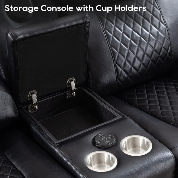 Power Recliner Sofa Set of 3 Piece with Bass Speakers for Living Room,Faux Leather Electric Zero Gravity 3 Seater Reclining Couch with Wireless Charger and Loveseat Theater Chair with LED Lights,Black