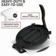 Uno Casa Cast Iron Tortilla Press 8 Inch - Tortilla Maker Press, Pre-Seasoned Roti Maker with 100 Pcs Parchment Paper - Heavy Duty Quesadilla Maker for Homemade Flatbreads, Rotis, Empanadas