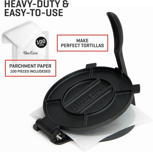 Uno Casa Cast Iron Tortilla Press 8 Inch - Tortilla Maker Press, Pre-Seasoned Roti Maker with 100 Pcs Parchment Paper - Heavy Duty Quesadilla Maker for Homemade Flatbreads, Rotis, Empanadas