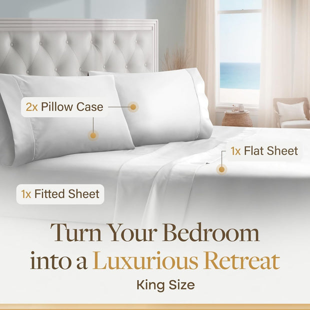LANE LINEN 100% Egyptian Cotton King Sheets Set – 4 Piece Sateen Weave Bed Sheets, Ultra Soft, 16" Deep Pocket, Luxury King Size Sheet Set – White