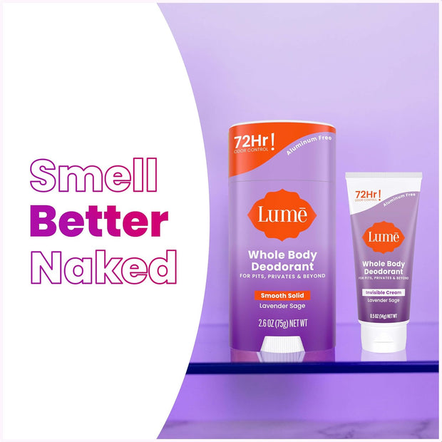 Lume Whole Body Deodorant - Invisible Cream Mini + Solid Stick Bundle - 72 Hour Odor Control - Aluminum & Baking Soda Free, Skin Loving (Lavender Sage)