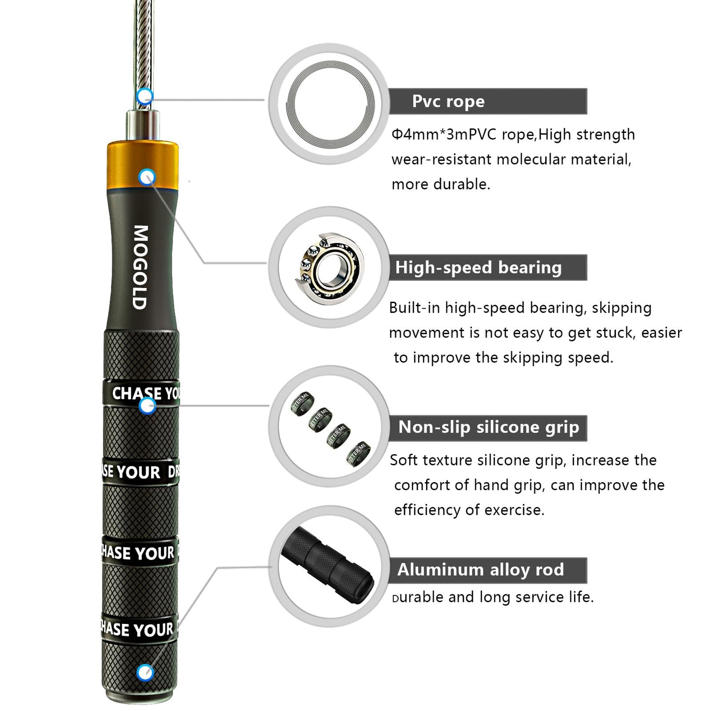 MOGOLD Pro Speed Jump Rope with Ball Bearings – Adjustable Steel Cable, Tangle-Free Design & Silicone Grips for Adults, Kids – Home Gym, Boxing, HIIT & Fitness Training