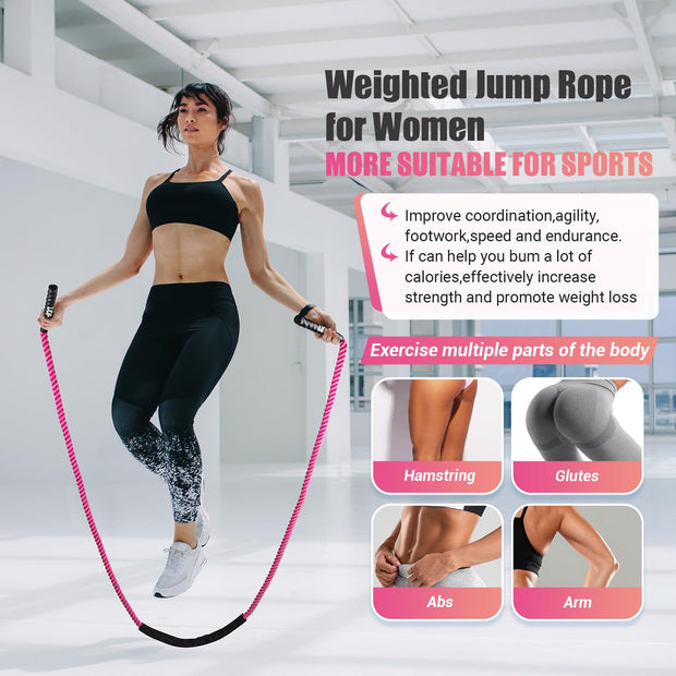 Weighted Jump Rope for Women, 1.25LB Heavy Skipping Rope for Exercise with Training Poster, 9.2FT Weight Fitness Jump Rope for Improve Strength, Building Muscle & Total Body Workout Equipment