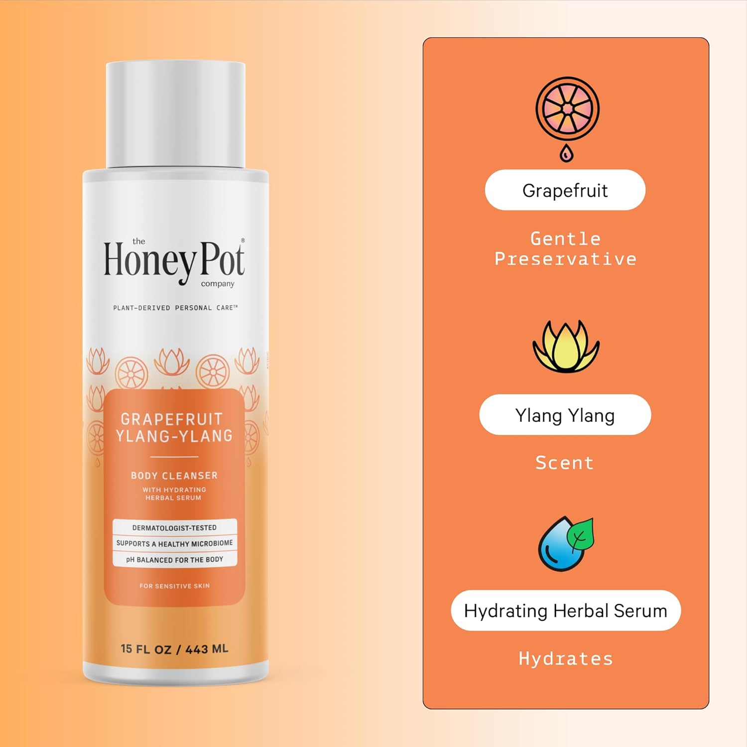 The Honey Pot Company - Body Wash for Women - Grapefruit Ylang Ylang Hydrating Body Cleanser - Moisturize & Cleanse Skin - Free of Parabens & Sulfates - 15 Fl. Oz