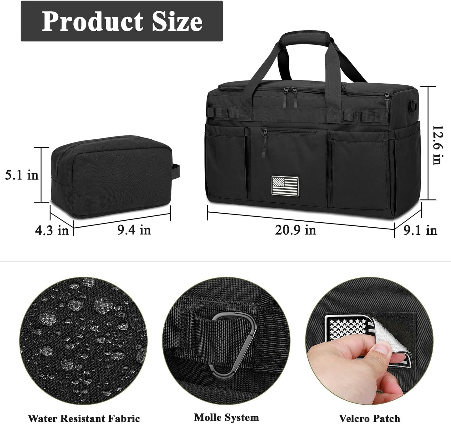 ZOMFELT Gym Bag for Men Women, Tactical Travel Duffel bag with Removable Dividers & Shoe Compartment, Weekender Carry on Bag with Toiletry Bag, Overnight Range Bag for Workout Soccer Yoga Gym, Black