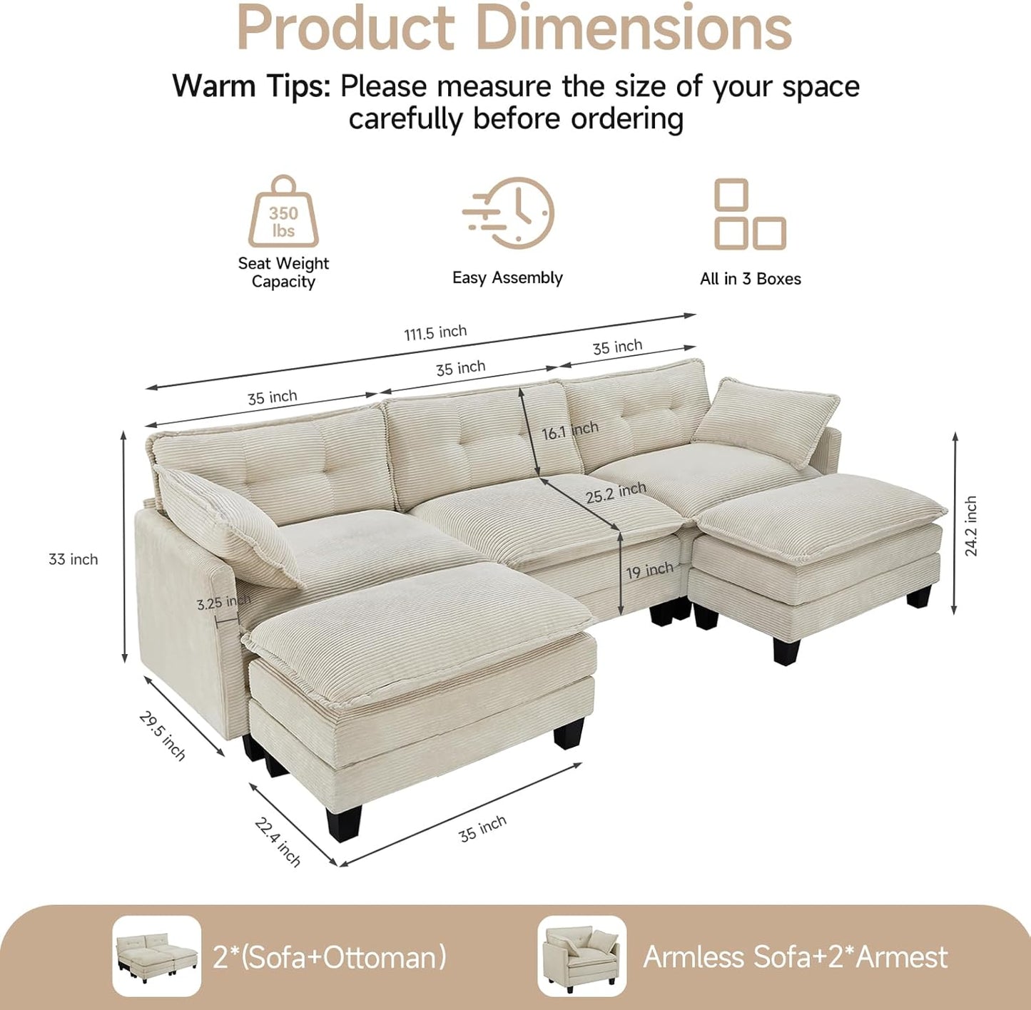 Modular Sectional Sofa, 111.5" U-Shaped Corduroy Comfy Sectional Couches for Living Room, 3-Seater Cloud Couches with 2 Movable Ottomans, Flexible Combination Modern Deep Seat Sofa (Beige)