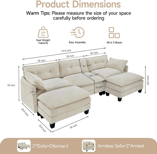 Modular Sectional Sofa, 111.5" U-Shaped Corduroy Comfy Sectional Couches for Living Room, 3-Seater Cloud Couches with 2 Movable Ottomans, Flexible Combination Modern Deep Seat Sofa (Beige)