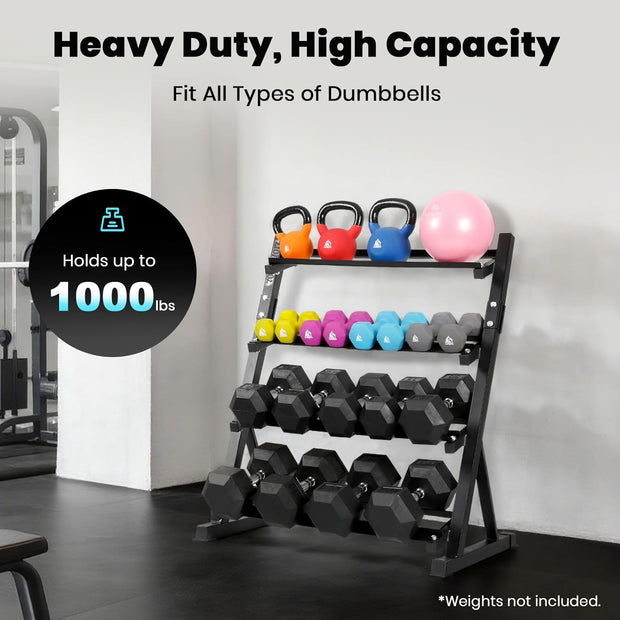 LIONSCOOL Adjustable 4-Tier Dumbbell Rack Stand - Heavy Duty 1000LBS Weight Storage for Dumbbells, Kettlebells | Home Gym Equipment Organizer